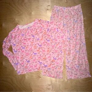 Garnet Hill Kids size 12 14 XL Cotton Pajama Set Pink with Deer Forest Wildlife